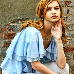 Ina ruffle swiss dot lace button front blouse blue Large